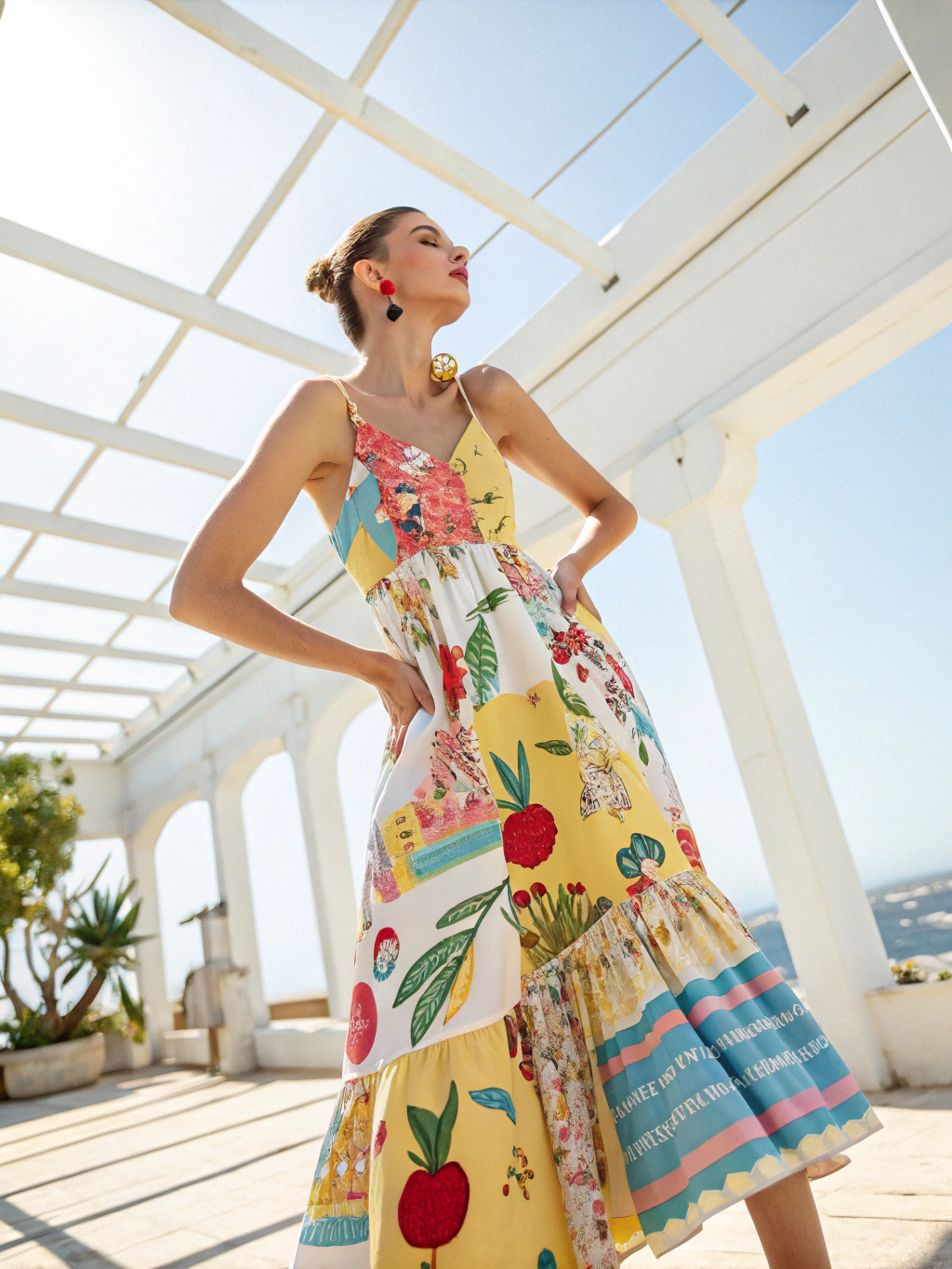 Model wearing vibrant summer apparel in a sunlit studio setting